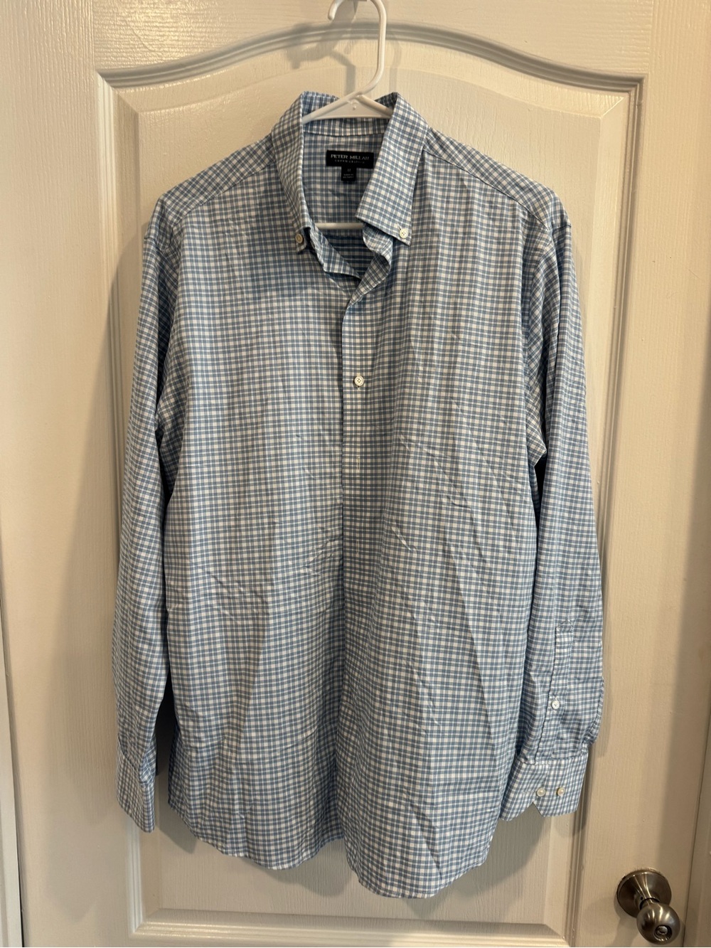 Peter Millar Light Blue and White Checked Button-Down Shirt